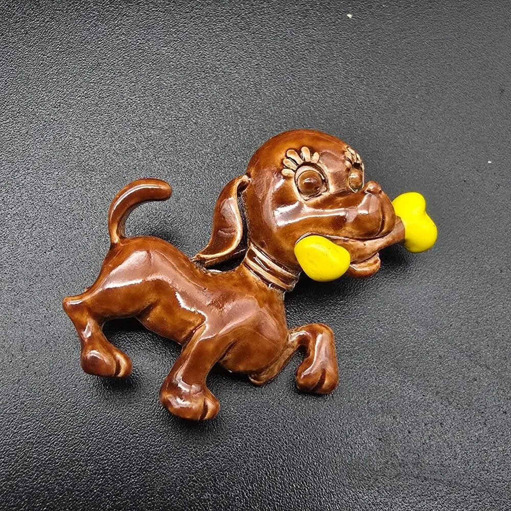 Brown Enamel Dog Brooch with Yellow Bone Vintage Costume Jewelry